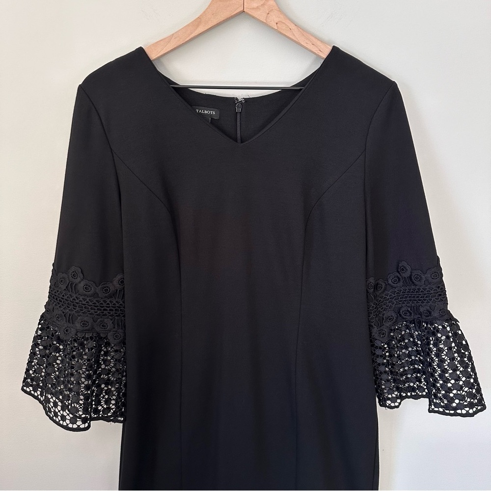 Talbots 10 Sheath Dress Black Ponte Fabric Crochet Bell Sleeve Cocktail Formal - Picture 2 of 12